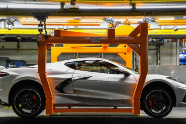 The 2021 Corvette travels down the assembly line of GM's Bowling Green Manufacturing Plant.
