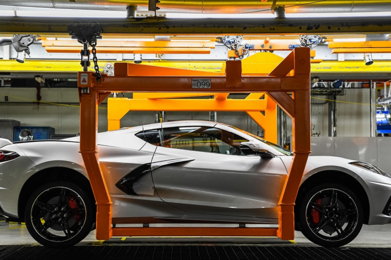 The 2021 Corvette travels down the assembly line of GM's Bowling Green Manufacturing Plant.