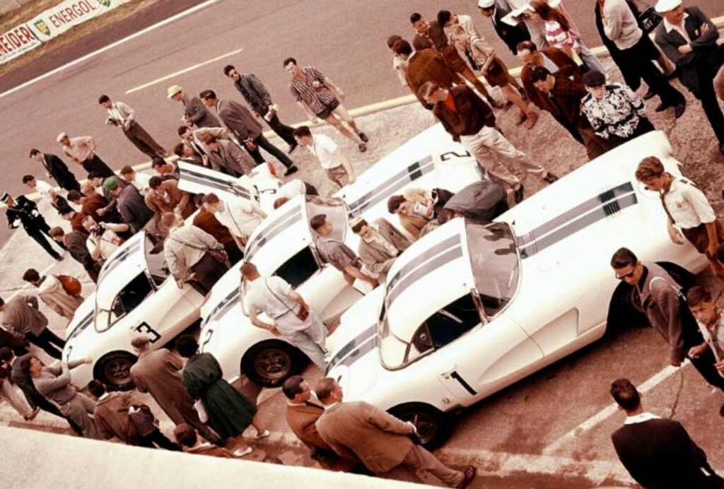 The original 1960 Le Mans Racers lined up on the start/finish line in Le Mans, France.