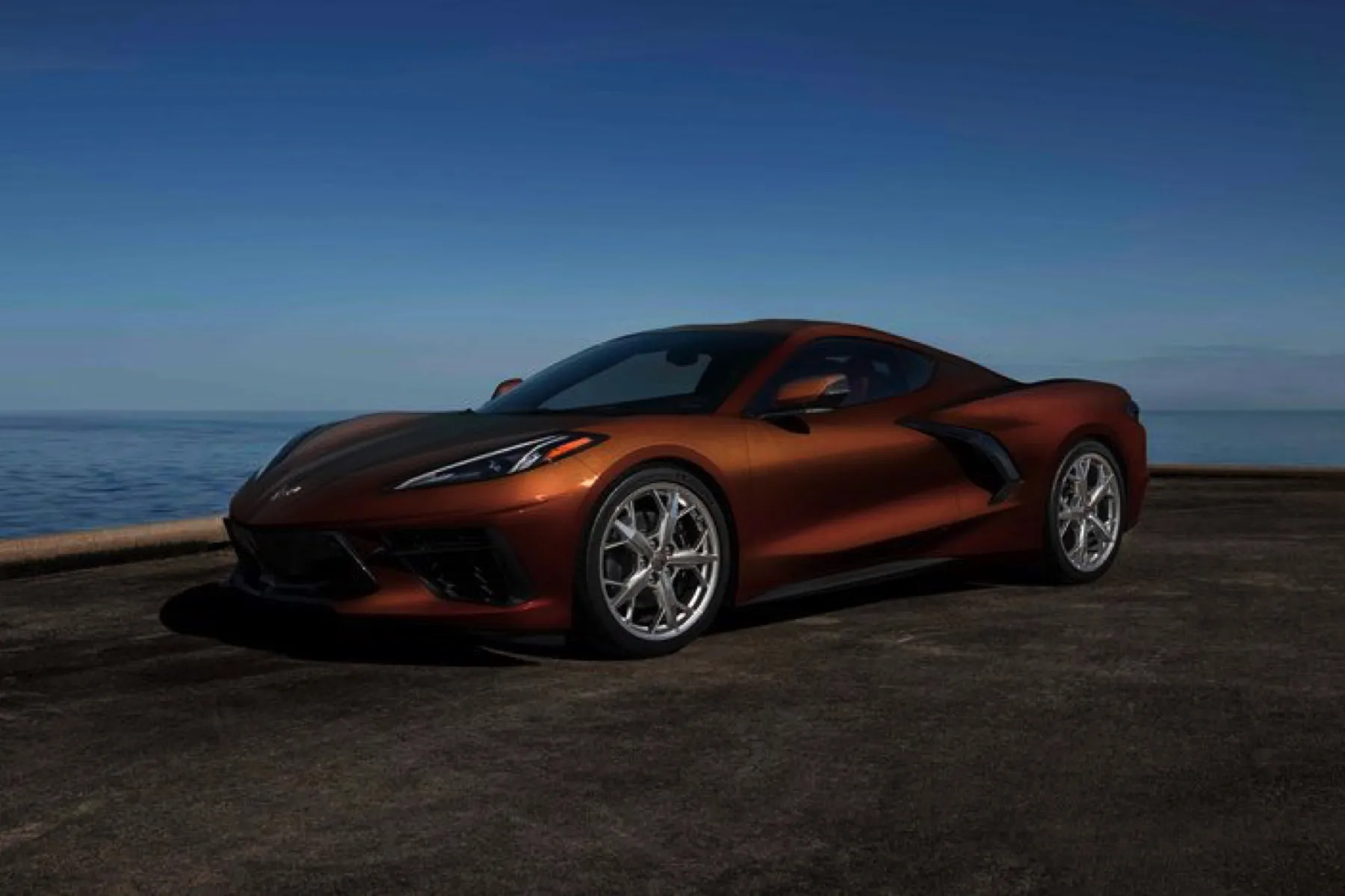 A view of one of the three colours available for the 2022 Chevrolet Corvette Stingray: a color called Caffeine