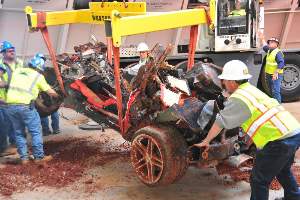 Mallett Corvette after being removed from the sinkhole in 2014.