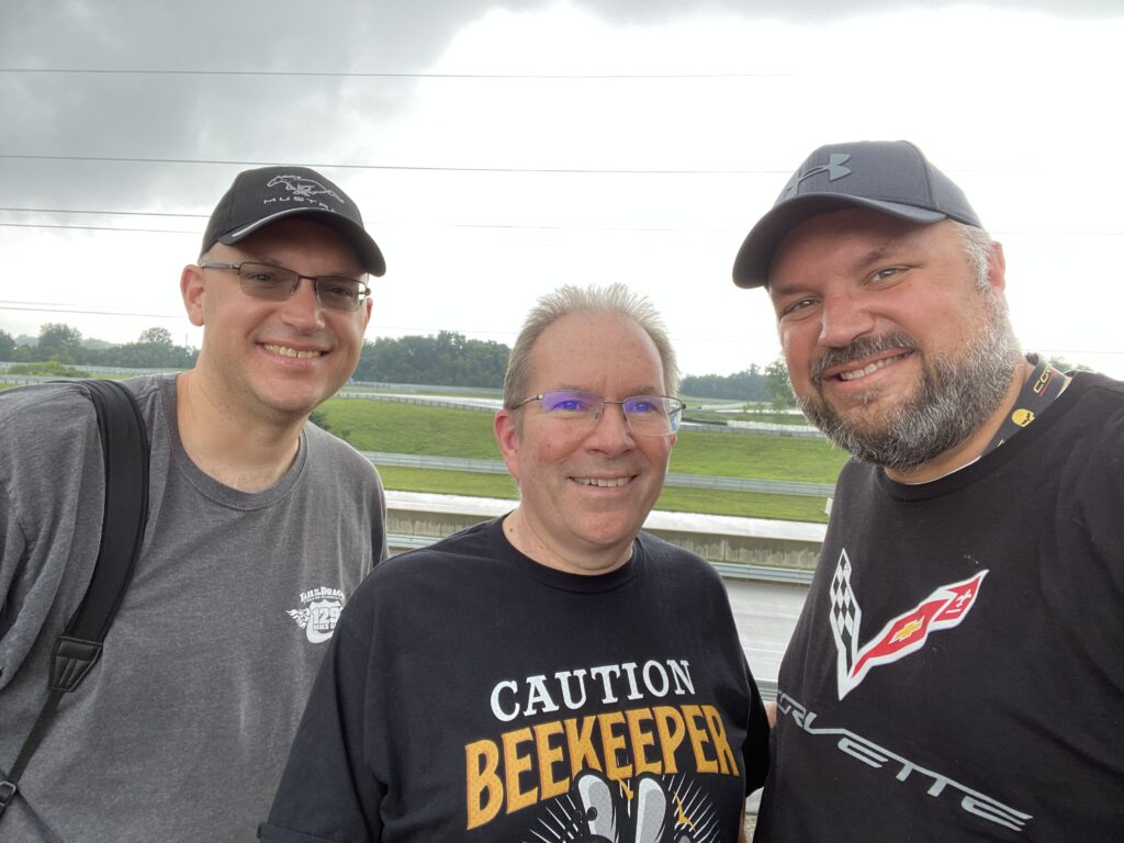 Joe Kolecki (left), Cliff Wanner (center), and I wait out the rain at the NCM Motorsports Park. It was definitely worth the wait.