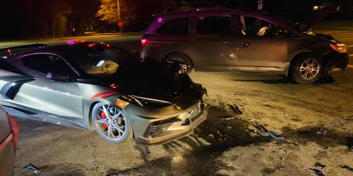 Gray C8 Chevrolet Corvette crashed into an SUV