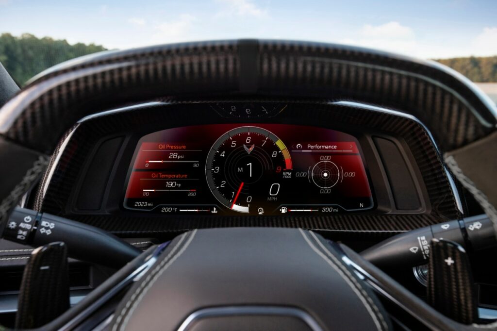 The cockpit of the 2023 Corvette Z06 features an available carbon-fiber trimmed steering wheel and much, much more.