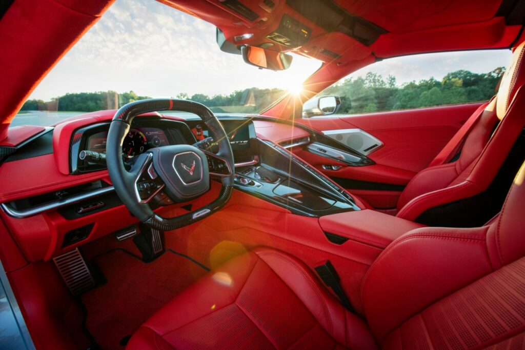 The interior of the 2023 Chevrolet Corvette Z06 in the available Adrenaline Red.
