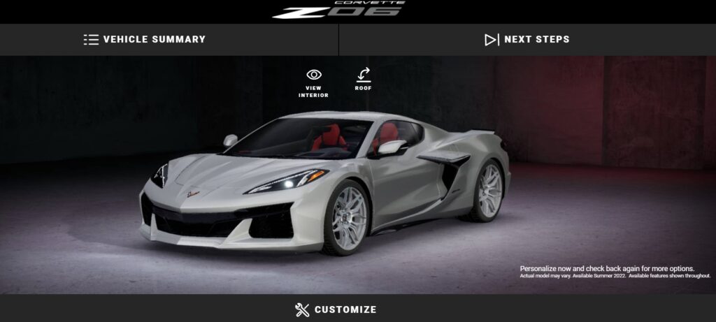 The 2023 Corvette Z06 Configurator start screen.