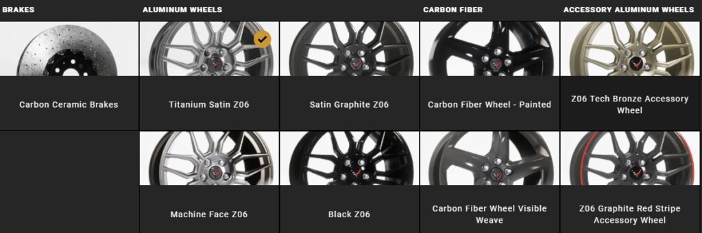 The Z06 offers lots of wheel choices - at least when it comes to choice of color and material.