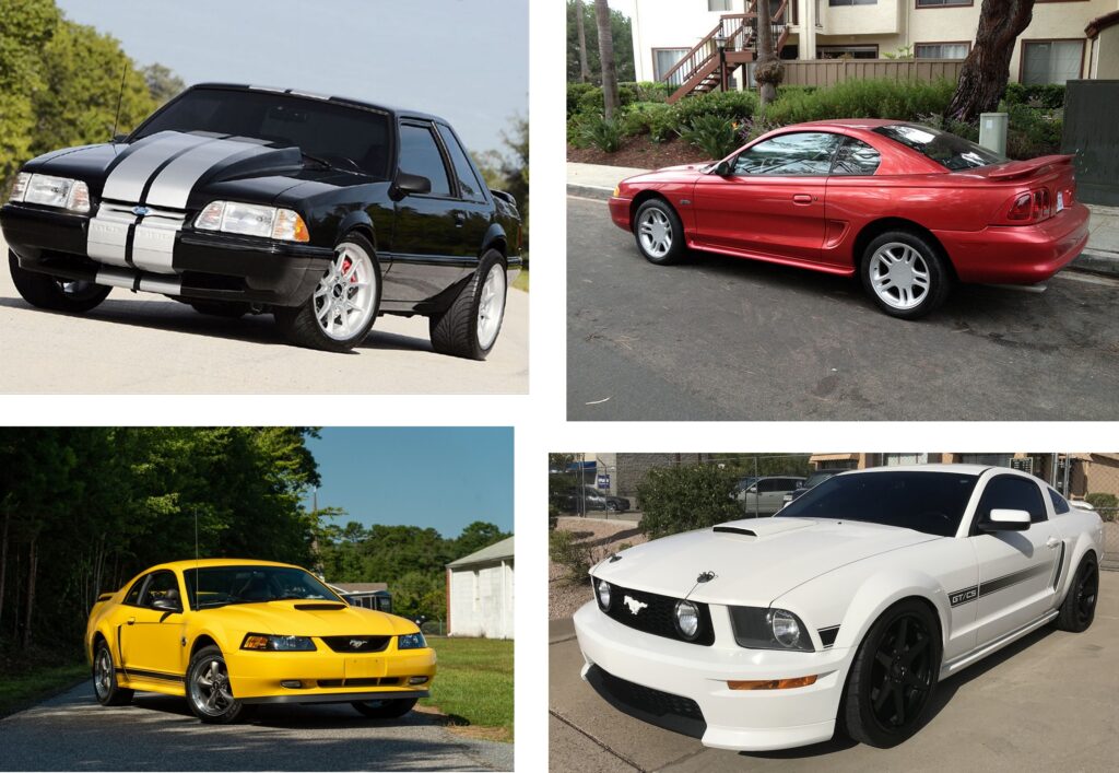 If nothing else, the Mustang demonstrates how cars evolve to remain relevant. Here we see a 1992 (top left), a 1996 (top right), a 2004 (bottom left) and a 2008 (bottom right). In less than twenty years time, the Mustang evolved dramatically...and continues to do so today, yet it remains one of the most popular pony cars of all time despite its dramatic re-imaginings throughout its colorful history.