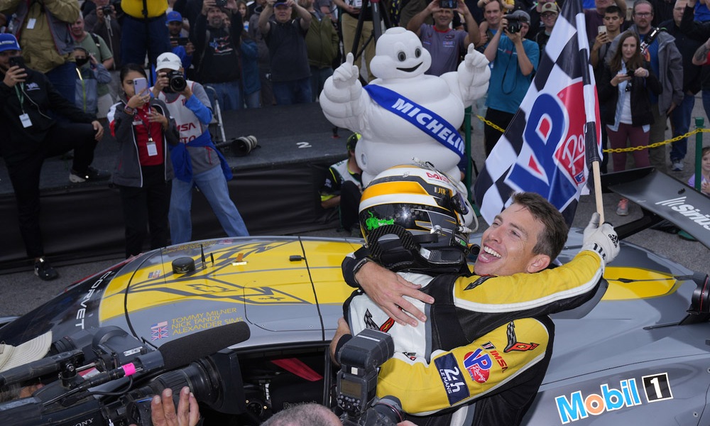 Tommy Milner climbs out of the No. 4 Mobil 1/SiriusXM Chevrolet Corvette C8.R after his GTLM class win at VIR.