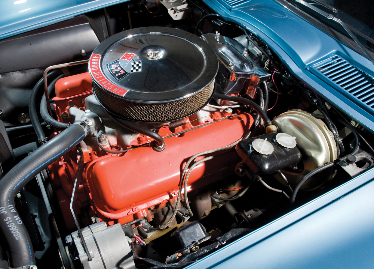 1966 427CI L72 Big block engine in hood of blue C2 Corvette