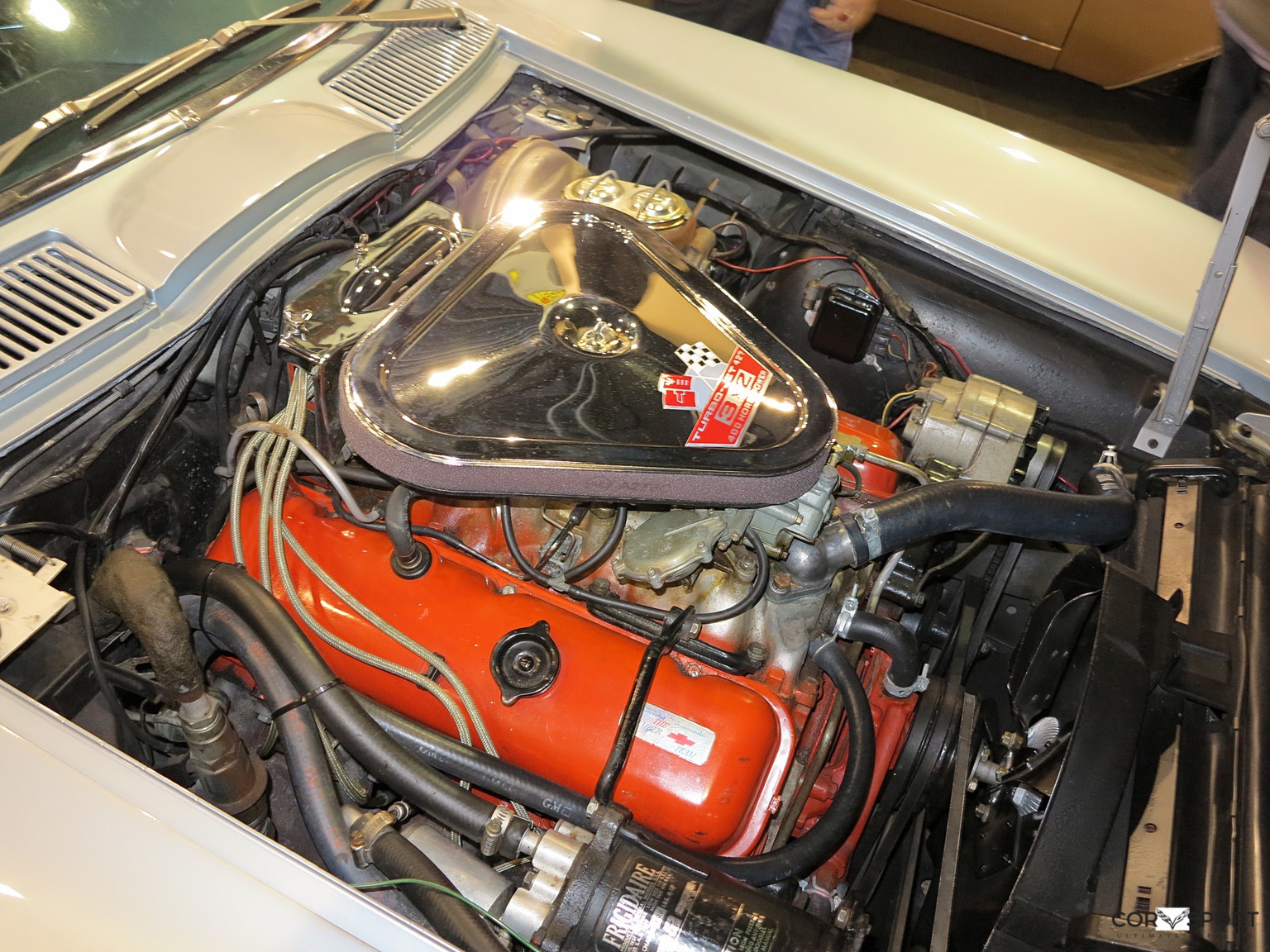 1967 L68 427CI engine in open hood of white C2 Corvette