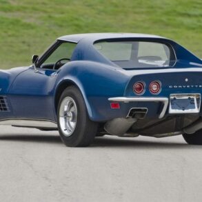 Rear view of blue 1972 Corvette C3 ZR1 on road.