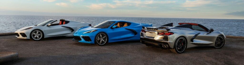 The 2021 Corvette Stingray finished in Ceramic Matrix (left), Rapid Blue (center), and Zeus Bronze (right).