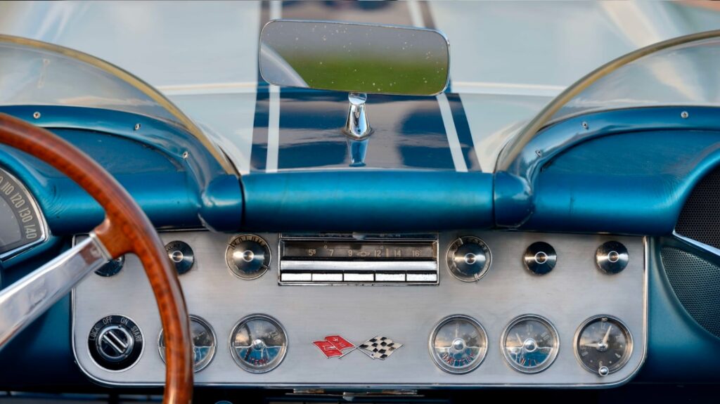 Special windguards and its custom blue trim set apart the cockpit of the Corvette Super Sport from any other 1957 Corvette. 