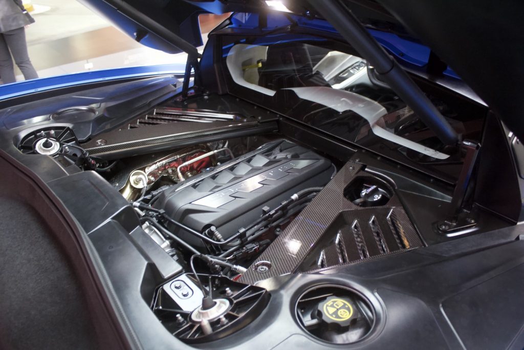 The engine bay of the 2021 Corvette Stingray coupe showcases the engine like the center jewel in an expensive ring.