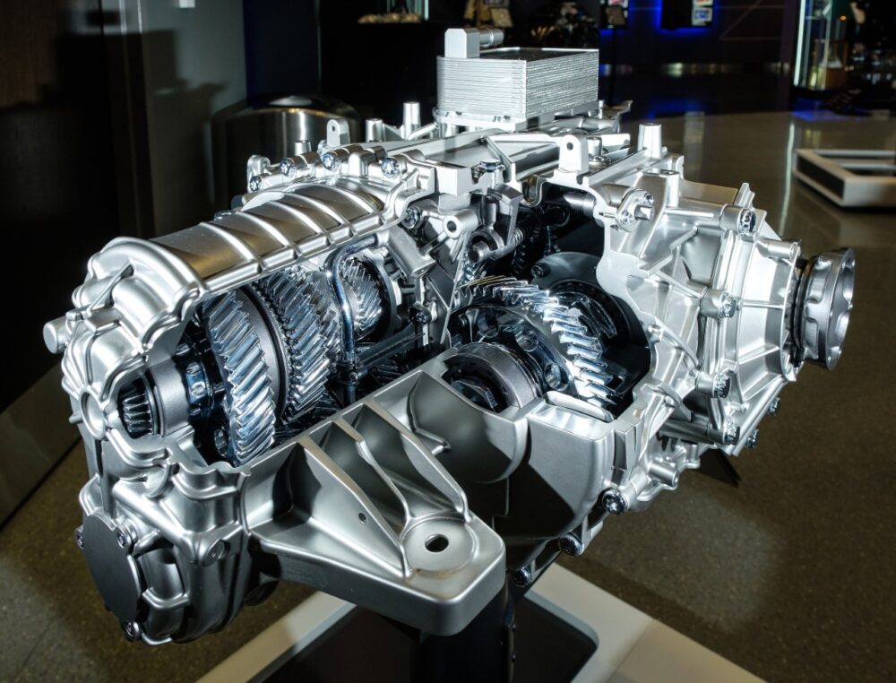 A cut-away version of the TREMEC eight speed dual-clutch transmission for the 2020 Corvette Stingray. The new mid-engine Corvette featuring the LT2 6.2L V8 engine and dual-clutch transmission can reach 60 mph in 2.9 seconds and cross the quarter mile mark in 11.2 seconds at 121 mph. (Photo by Steve Fecht for Chevrolet)