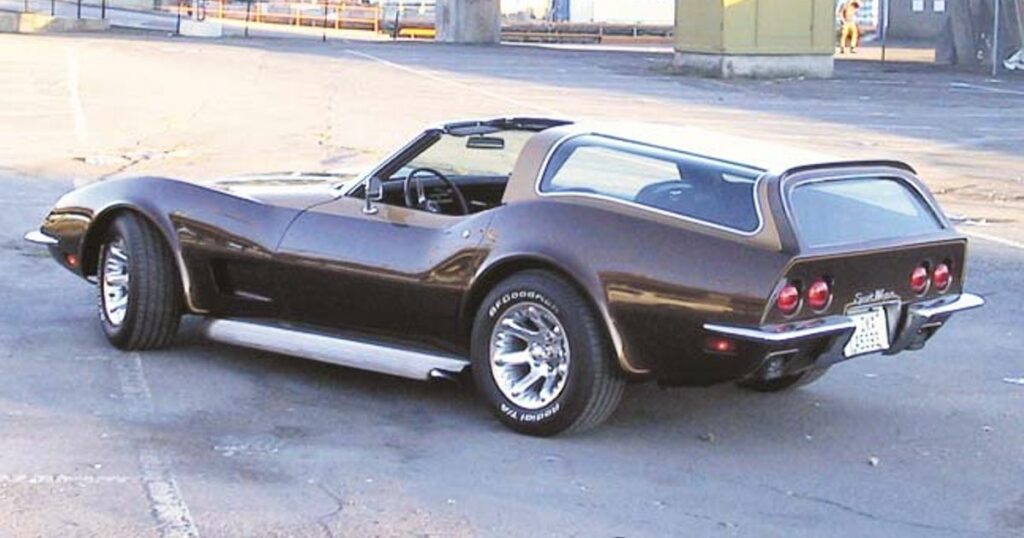 The Greenwood Corvette Sportwagon was originally finished in a brown paint, but was later painted red to enhance the car's "sporty" look.