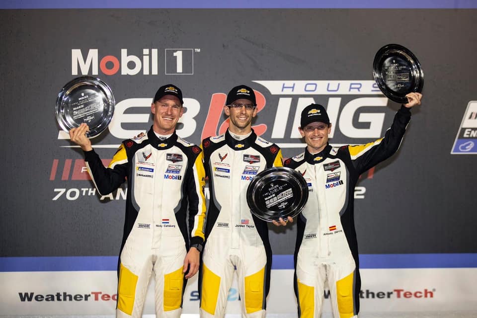 Nicky Catsburg (left), Jordan Taylor (middle) and Antonio Garcia (right) celebrate Corvette Racing's first GTD-Pro class race in the C8.R of Corvette Racing at the 12 Hours of Sebring!