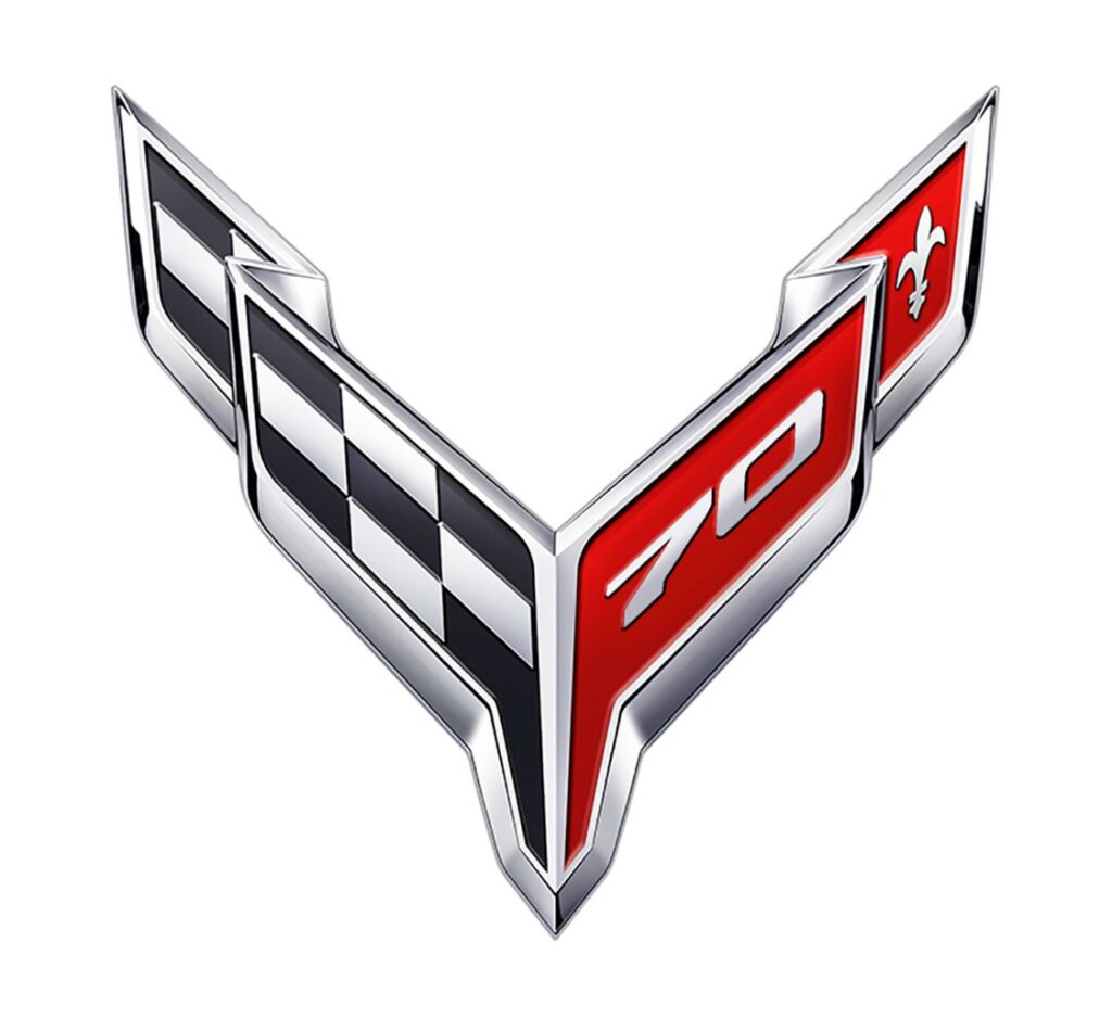 2023 Corvette 70th Anniversary Edition exterior badging includes commemorative Corvette crossflags.