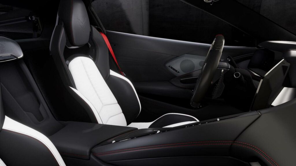 The interior of the 2023 Corvette 70th Anniversary Edition includes unique two-tone leather, red seat belts and red stitching throughout.