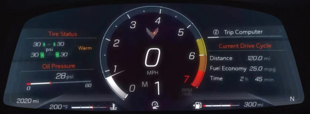 The 2022 Corvette Stingray dashboard (seen here in "Tour Mode") provides the driver with a mountain of data, and thanks to its easy-to-navigate menus, that data can be navigated while driving!