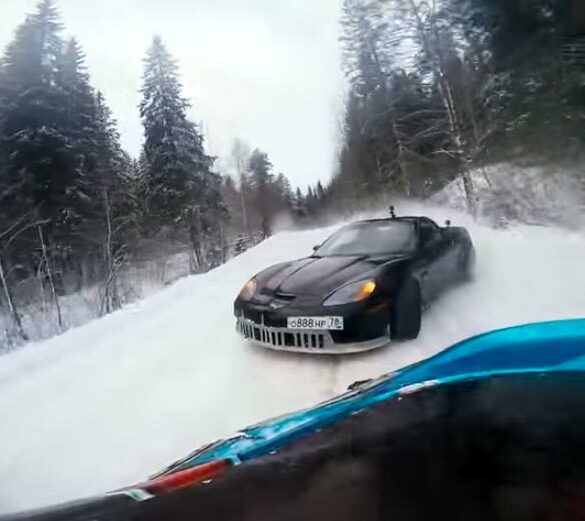 A C6 Corvette Z06 And A Toyota Supra Go Snow Drifting In Russia