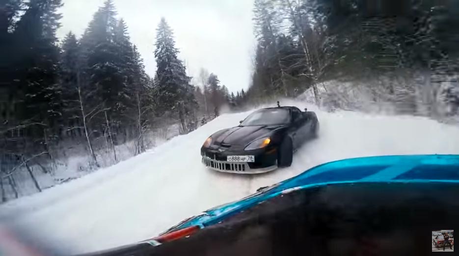 A C6 Corvette Z06 And A Toyota Supra Go Snow Drifting In Russia