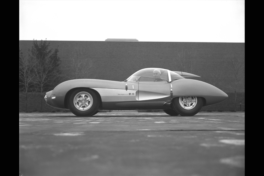 The 1957 Corvette SS with Zora Arkus-Duntov at the wheel. (Image courtesy of GM Media LLC.)