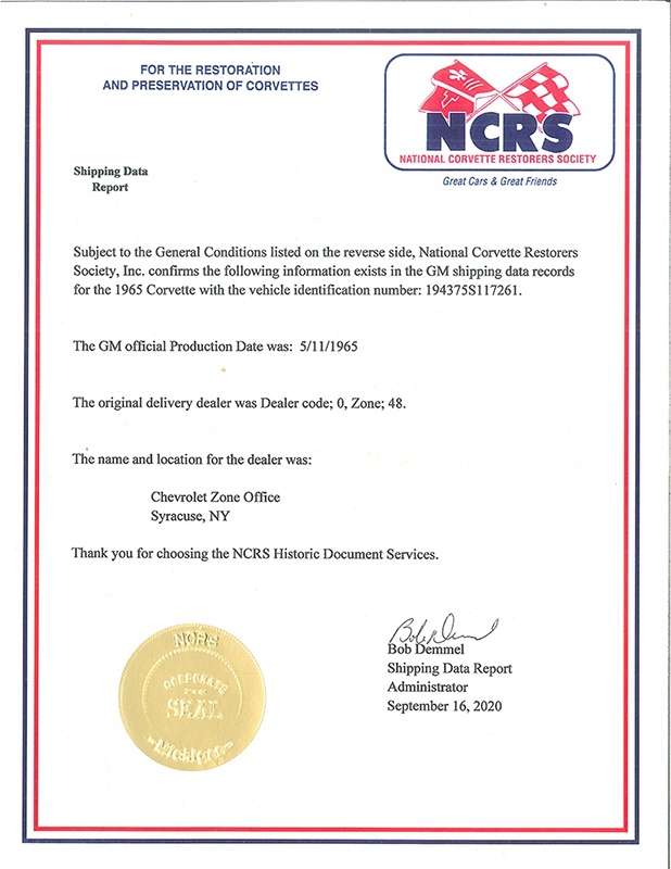 Dream Giveaway 1965 Corvette C2 NCRS certificate of authenticity