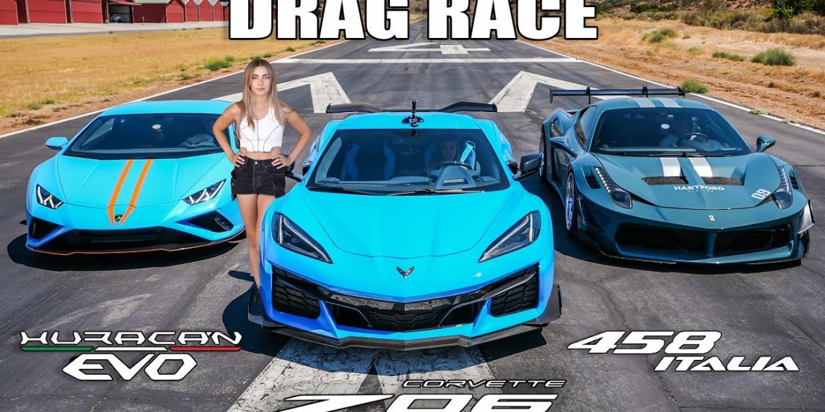 Ultimate Supercar Drag Race: 2023 Corvette Z06 vs Lamborghini Evo vs Ferrari 458!