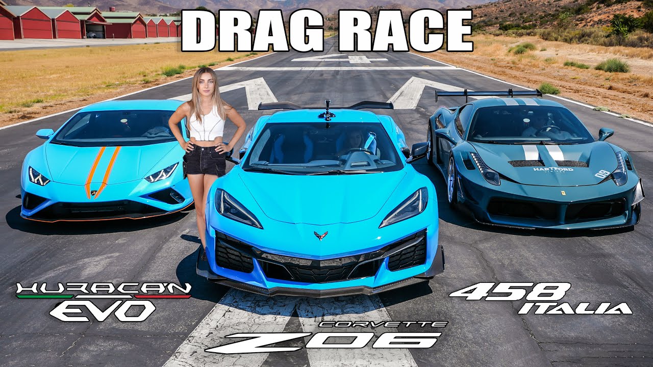 Ultimate Supercar Drag Race: 2023 Corvette Z06 vs Lamborghini Evo vs Ferrari 458!