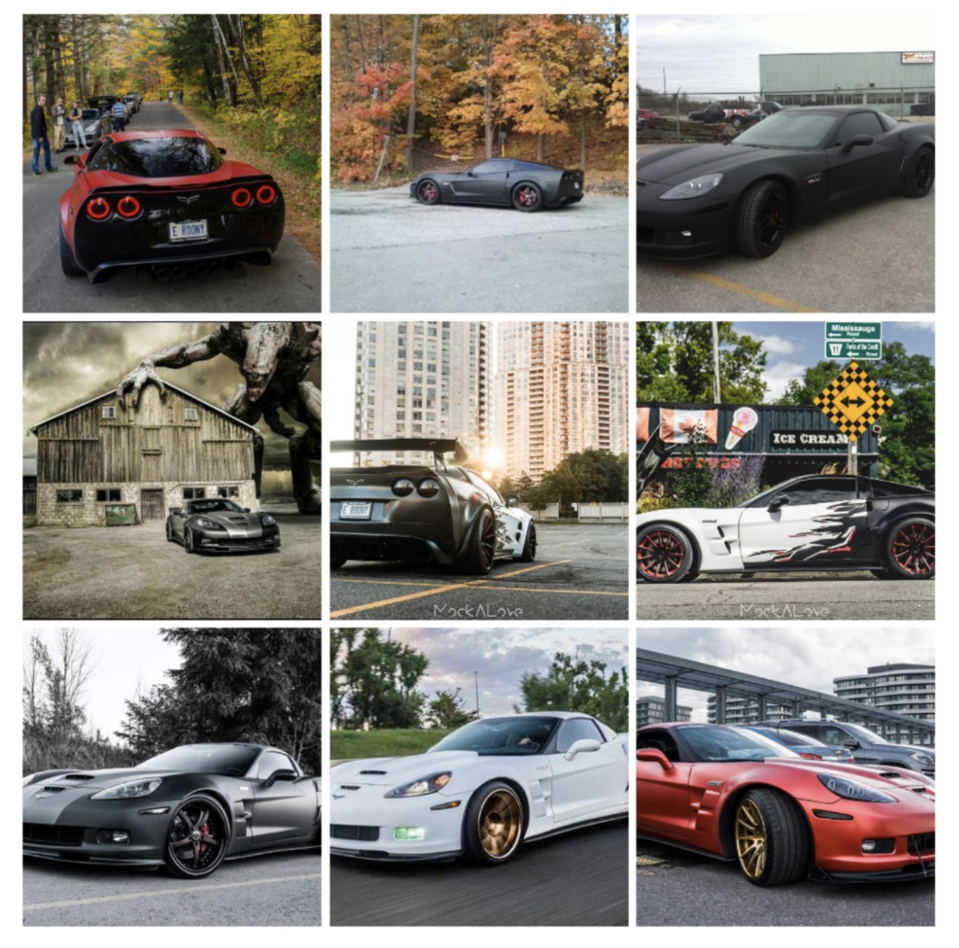 Collage of various wraps the Z06 has had