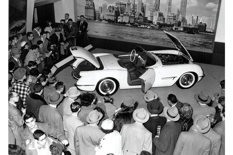 The original EX-52 Corvette Concept car at the 1953 Motorama in the lobby of the Waldorf Astoria Hotel in New York City. (Image courtesy of GM)