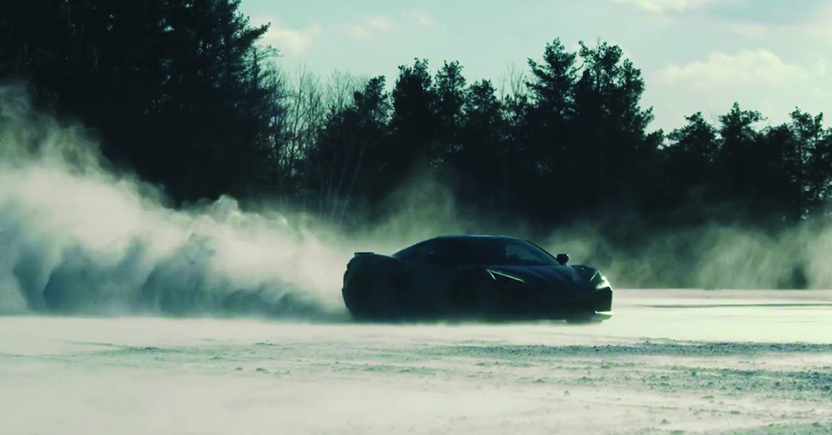 Teaser of an electrified AWD C8 Corvette driving on snow