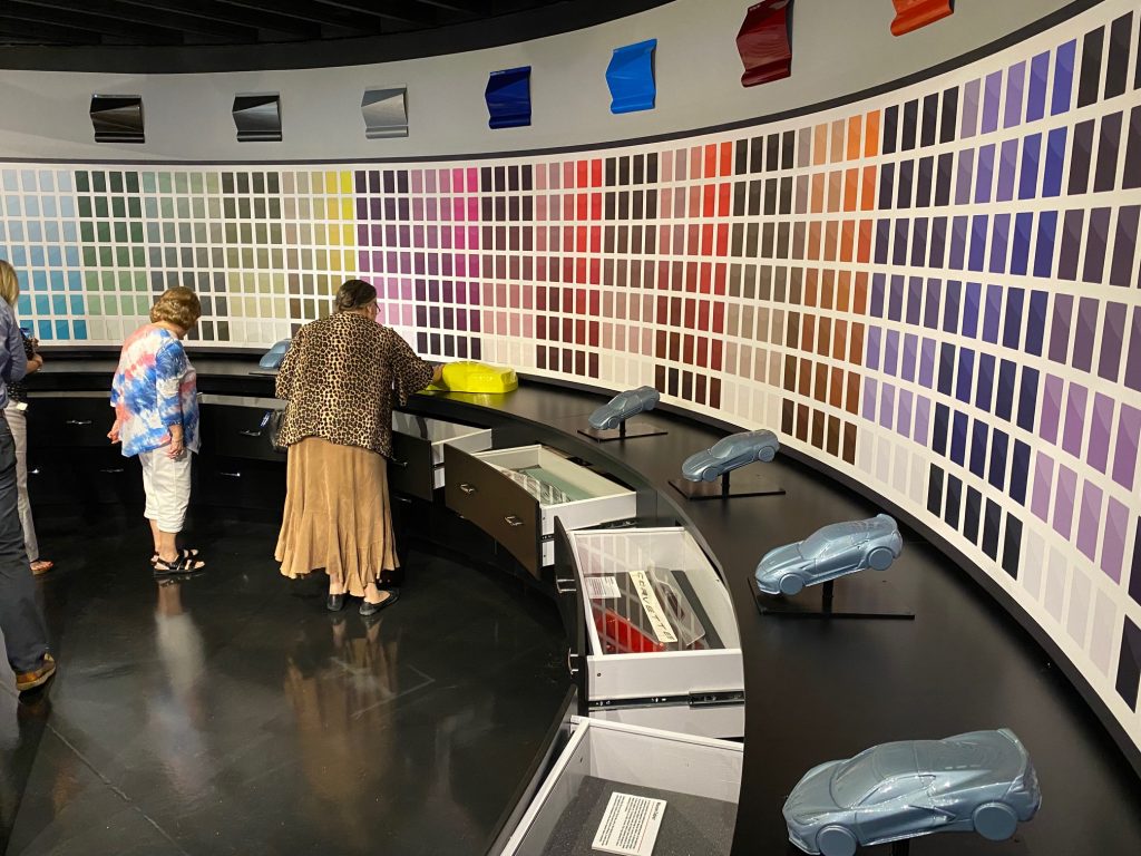 Guests of the Museum can explore the tools and templates used in the creation of the Corvette's exterior aesthetic. Moreover, the display provides many interactive elements, including this gallery of color that features scale models of all eight-generations of the Chevy Corvette.