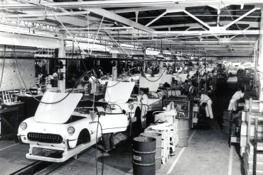 A long line in the St. Louis plant completed the assembly and trimming of the glass-fiber bodies of the 1953 Corvettes.