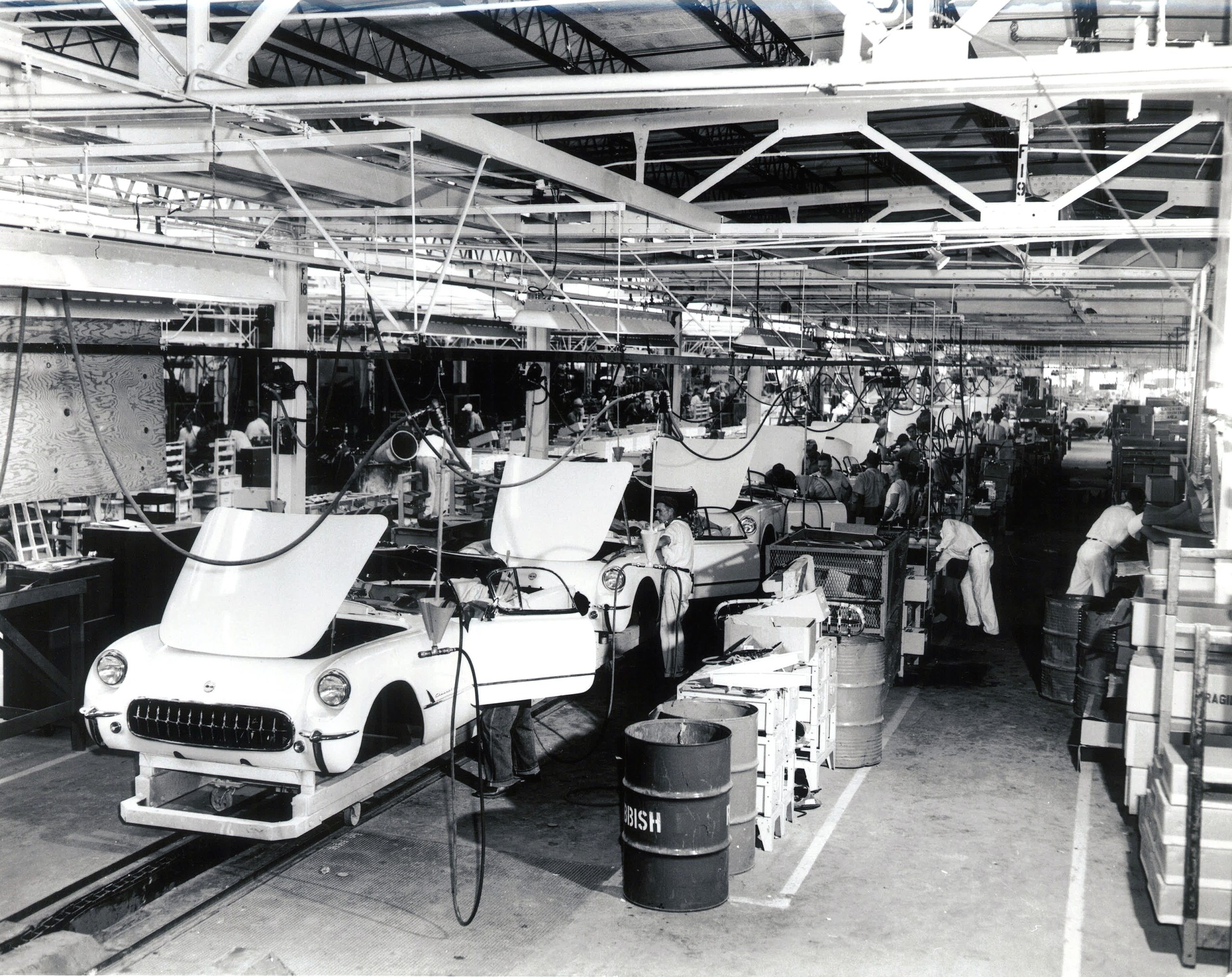 A long line in the St. Louis plant completed the assembly and trimming of the glass-fiber bodies of the 1953 Corvettes.