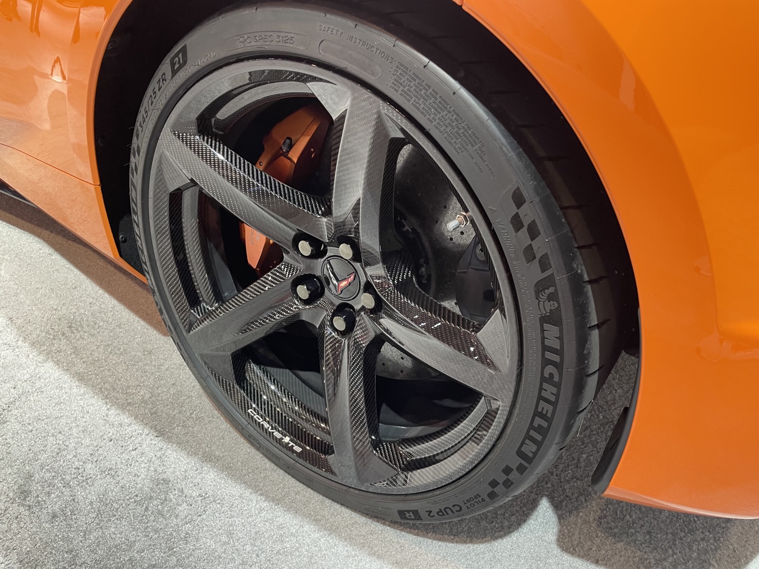 Detail of Corvette C8 Z07 package including carbon brakes and carbon fiber wheel