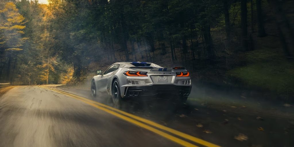 Rear-end of the 2024 Chevrolet Corvette E-Ray on the road