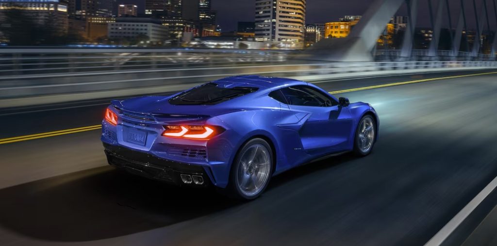 Blue 2024 Chevrolet Corvette E-Ray on the road