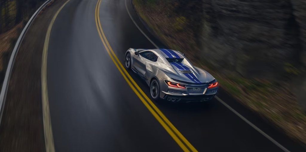 Silver 2024 Chevrolet Corvette E-Ray on the road