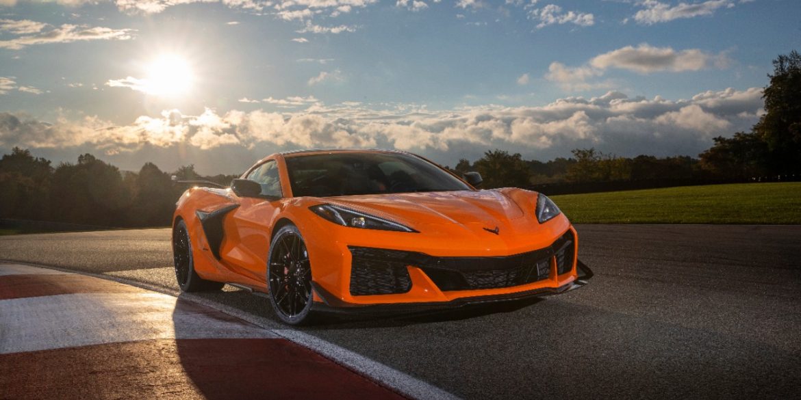 Front view of 2023 Chevrolet Corvette Z06 in Amplify Orange Tint.