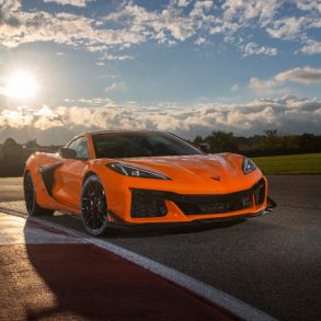 Front view of 2023 Chevrolet Corvette Z06 in Amplify Orange Tint.