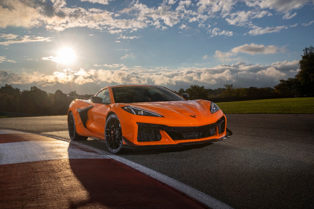 Front view of 2023 Chevrolet Corvette Z06 in Amplify Orange Tint.