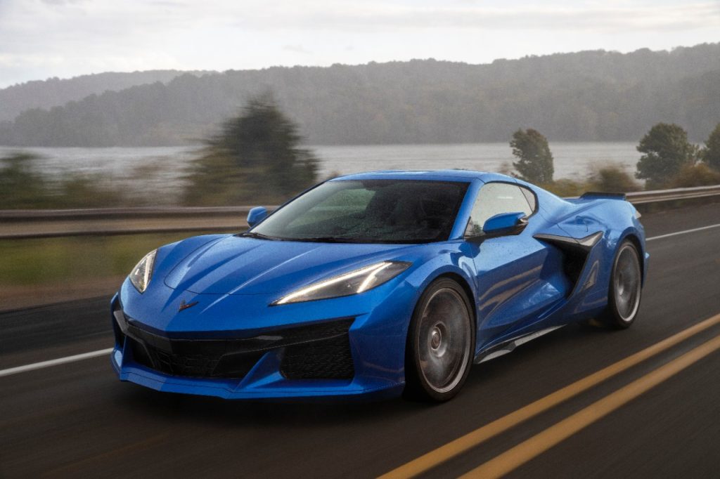 Driver’s side view of 2023 Chevrolet Corvette Z06 in Elkhart Lake Blue Metallic.