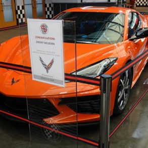 A new C8 Corvette in the lobby of the National Corvette Museum.