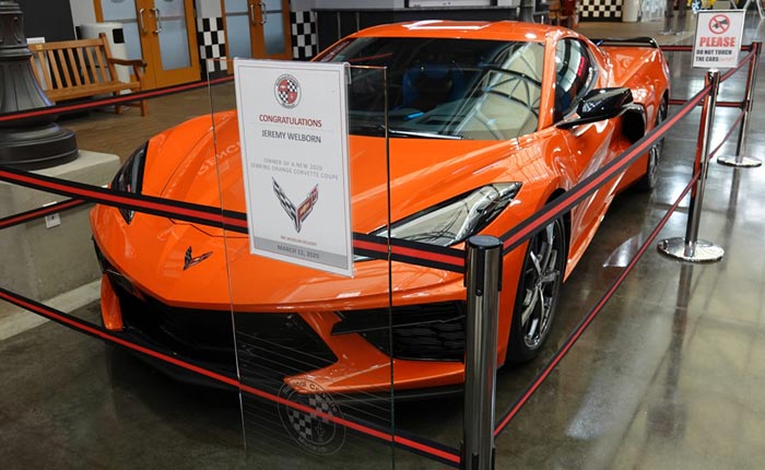 A new C8 Corvette in the lobby of the National Corvette Museum.
