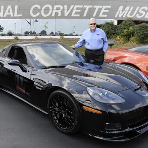 A pre-production model of the 2011 Corvette Carbon Edition Z06 crosses the Barrett-Jackson's Palm Beach auction block in April 2010.