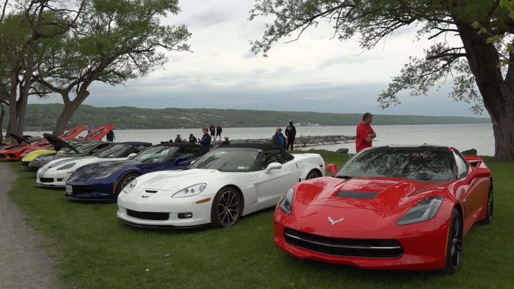 Several Corvettes parked near Seneca Lake in Watkins Glen to celebrate Corvette's 70th Anniversary.