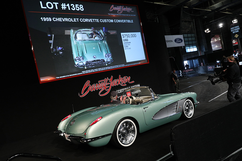 A customized C1 Corvette crosses the Barrett-Jackson auction block during the 2021 Scottsale, Arizona auction. (Image courtesy of Barrett-Jackson.com)